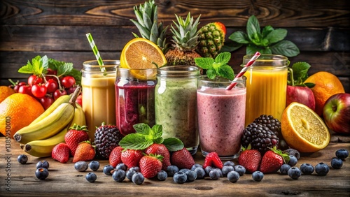 Wallpaper Mural Assorted Fruit Smoothies on Rustic Wood Torontodigital.ca