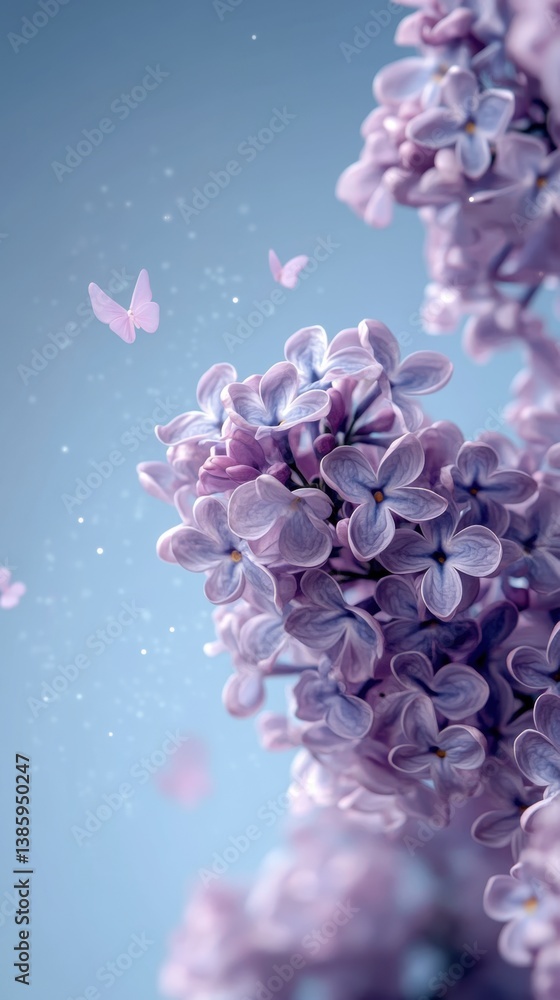 Obraz premium Captivating lilac blossom cluster with delicate butterflies against a serene pastel blue backdrop floral elegance botanical spring beauty