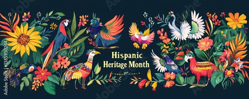 Vibrant tropical birds and flowers in an illustration to honor hispanic heritage month