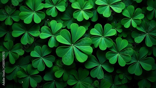 A large group of green clover leaves on a black background.