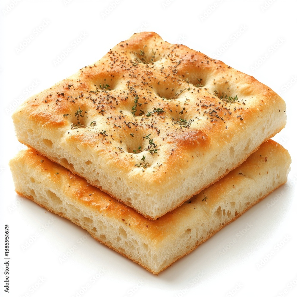 Two squares of delicious focaccia bread stacked on each other in bright studio lighting food photography Two squares of delicious focaccia bread stacked on each other in bright studio lighting food photography