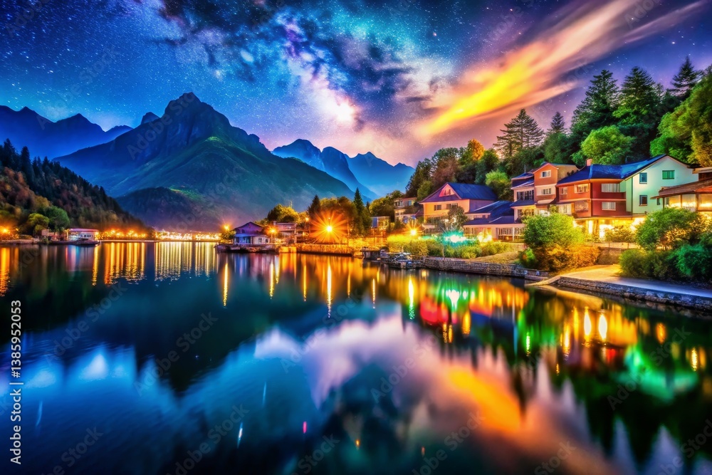 Fototapeta premium Lakeside Village Under a Starry Sky