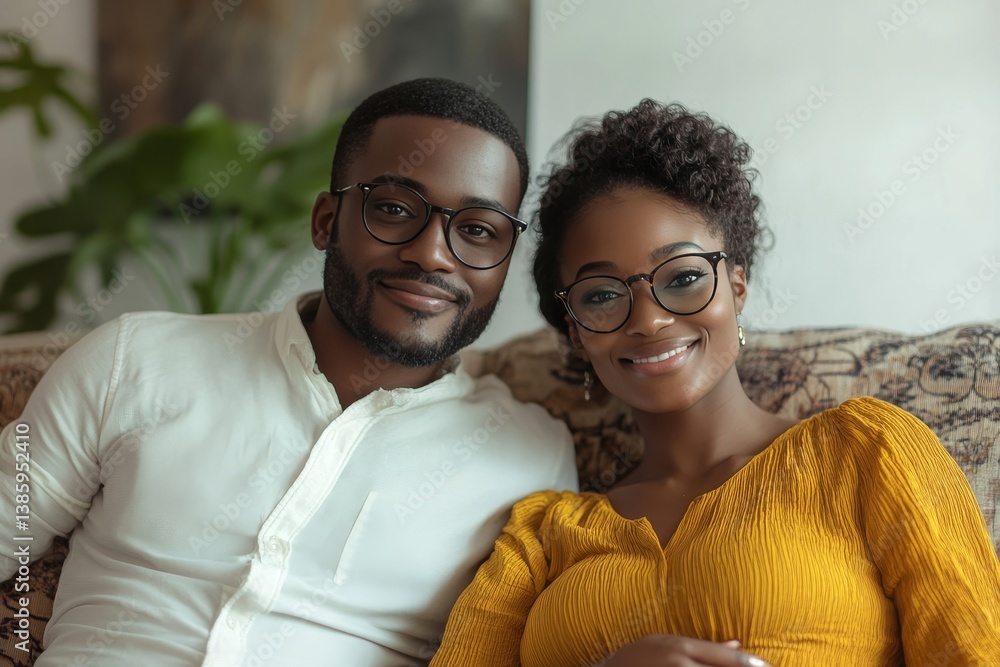 Fototapeta premium An affectionate couple posing for a portrait together in a comfortable indoor setting