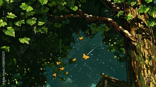 The illustration shows butterflies and a tree under a night sky