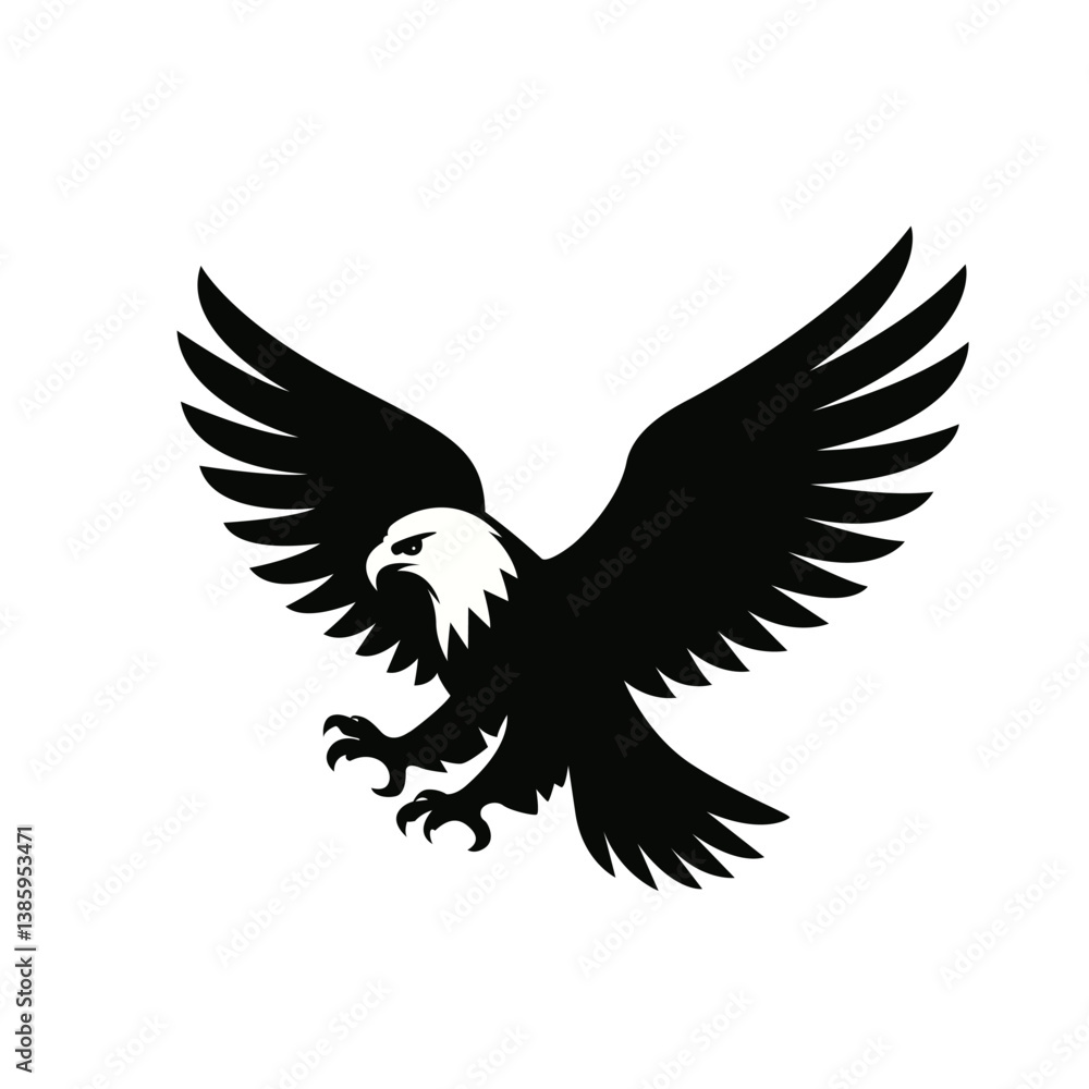 Fototapeta premium Bald eagle silhouette flying. flat vector illustration on white background logo or tattoo