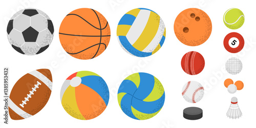 Collection of sport balls. Soccer, football, basketball, volleyball, water polo, handball, hockey, tennis, cricket, badminton, golf, bowling, baseball, billiards. Sport equipment, outdoor activity.
