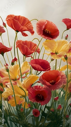 Create a vibrant painting featuring long-stemmed flowers- similar to poppies or hibiscus