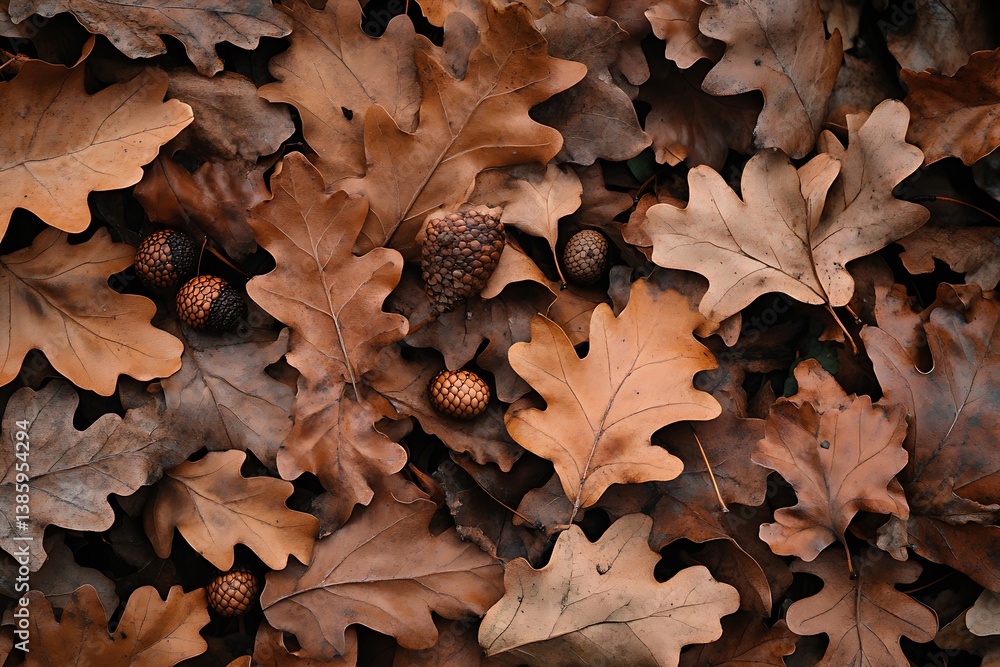 Autumn Leaves with Acorns on Dark Background Autumn Leaves with Acorns on Dark Background