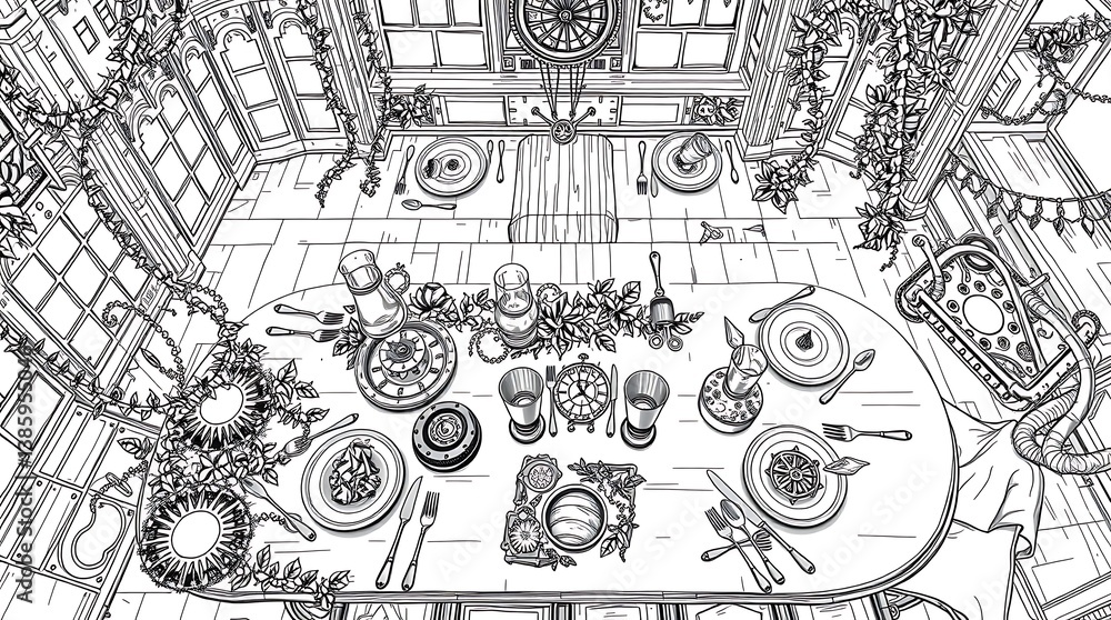 Fototapeta premium 8K black-and-white line art of a dining table viewed from above, filled with various foods and drinks. Highly detailed, adult coloring style. No text, people, or logos.