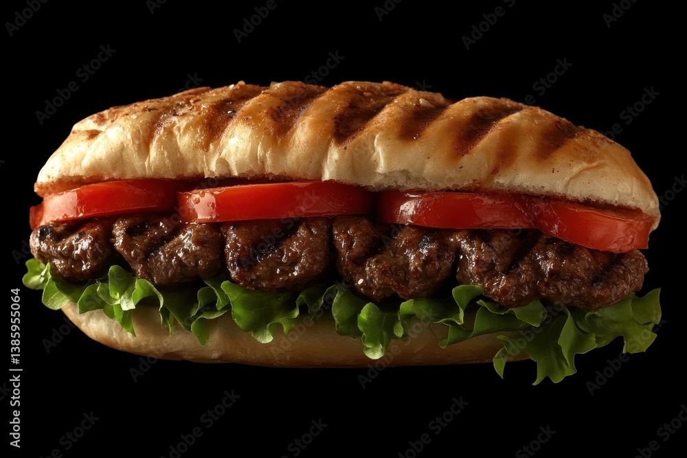 Delicious grilled meatball sub sandwich with fresh tomatoes and lettuce on a black background studio shot