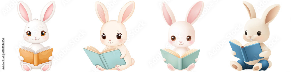 Obraz premium Cute cartoon animals and bunny friendly, Four cute cartoon rabbits are reading books, each featuring a different pose and book color.