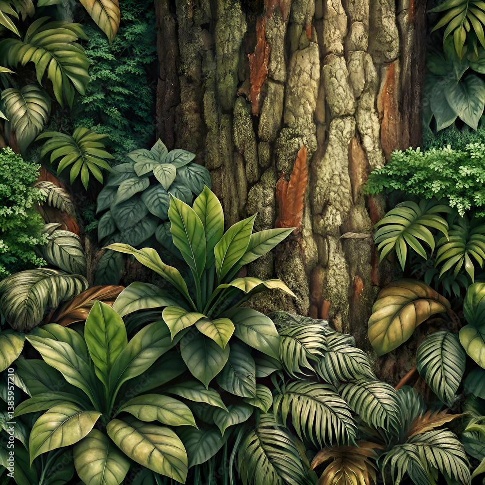 Obraz premium Jungle foliage with a textured tree trunk.