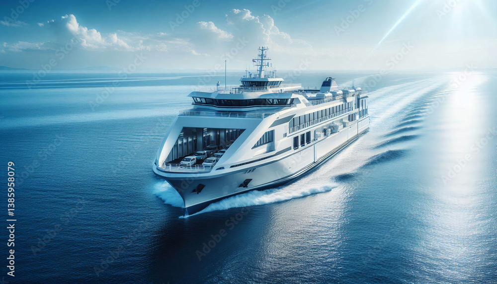 Obraz premium A large white ferry carrying passengers and vehicles, sailing across the sea under a bright blue sky, showcasing modern water transport and connectivity.