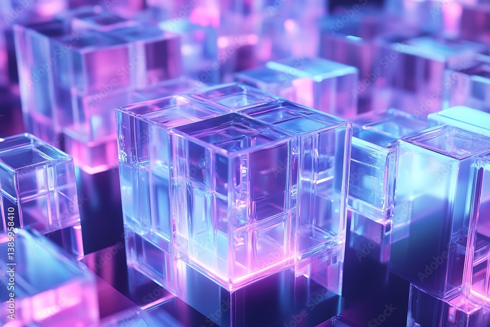 Obraz premium Abstract 3D Geometric Composition – Transparent Glass Shapes with Neon Blue & Purple Lighting