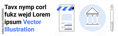 Mobile storefront layout, classical building icon, fountain pen illustration. Ideal for education, business, e-commerce, art, branding, digital services simple landing page