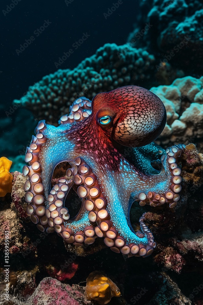 Striking close-up of an octopus amidst coral, showcasing vivid colors. Striking close-up of an octopus amidst coral, showcasing vivid colors.
