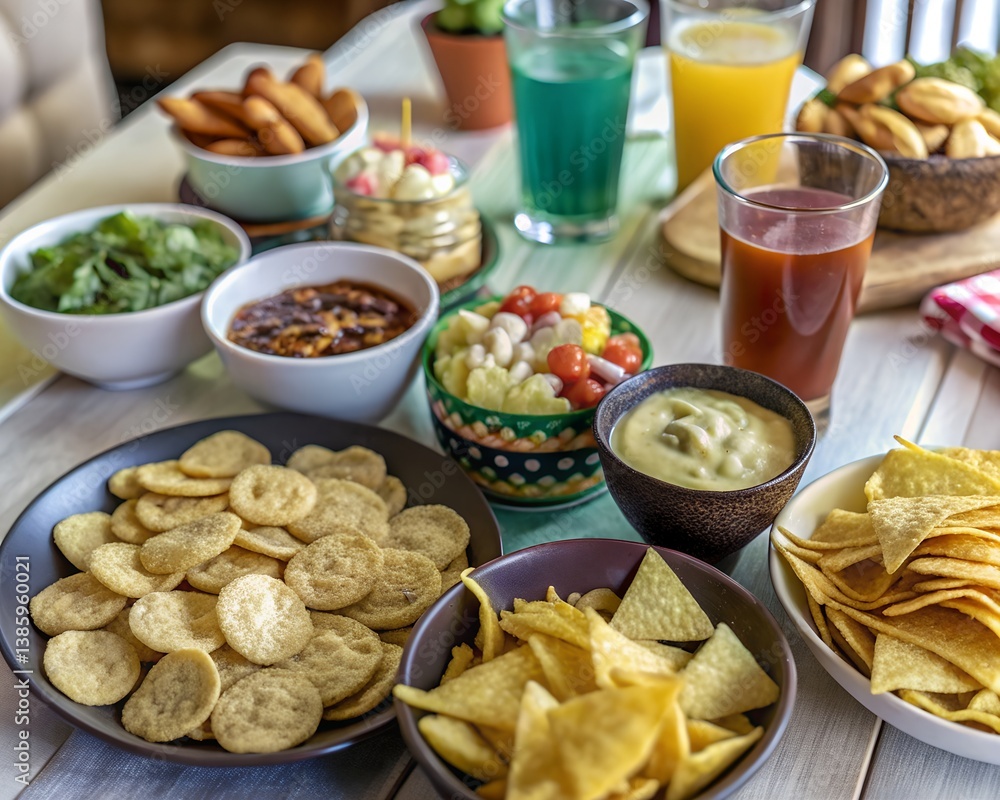 party snacks for evening ,different kind of chips ,drinks, salad, sauce, fried item party snacks for evening ,different kind of chips ,drinks, salad, sauce, fried item
