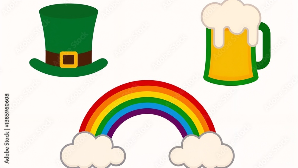 Fototapeta premium A set of three illustrations of a rainbow, a green hat, and a mug of beer.