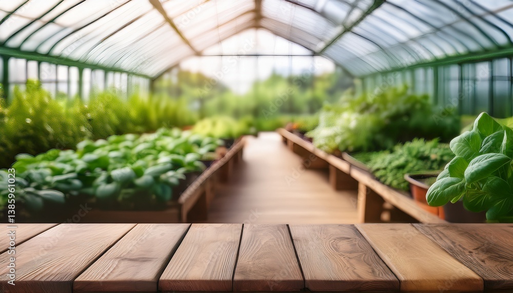wooden table top with blurred greenery and vegetables in greenhouse for product display or montage wooden table top with blurred greenery and vegetables in greenhouse for product display or montage