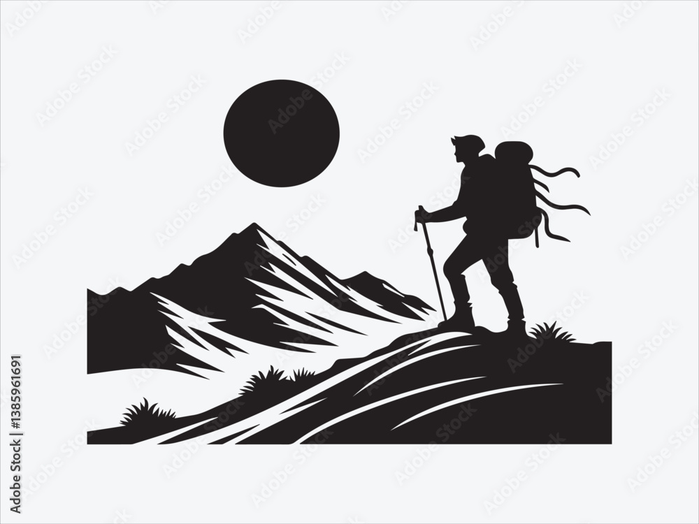 Obraz premium Hiker on Mountain Silhouette with Scenic Outdoor Landscape for Adventure and Nature Exploration Themes