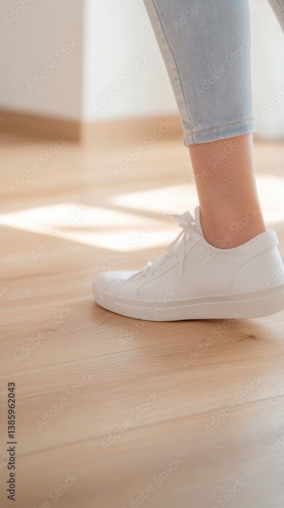 Experiencing Pain: Woman Grabbing Achilles Heel in Discomfort on Wooden Floor with Natural Lighting Experiencing Pain: Woman Grabbing Achilles Heel in Discomfort on Wooden Floor with Natural Lighting