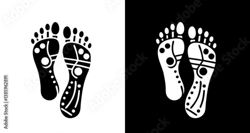 Reflexology concept icon with foot and acupuncture pressure points, contrast black and white designs	
