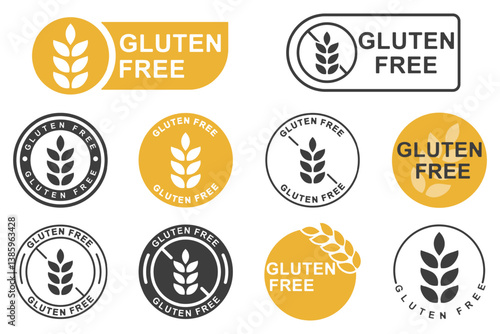 Gluten Free - collection of labels for food products containers and packaging. Vector stamps isolated on white.