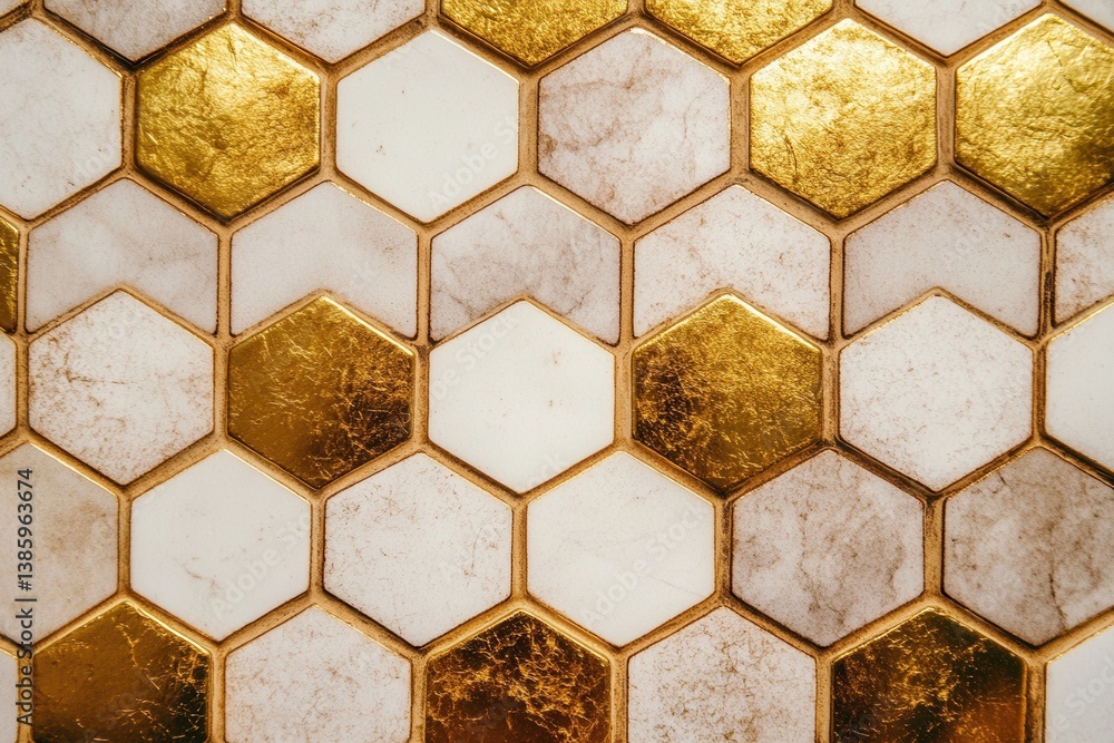 Fototapeta premium Elegant honeycomb pattern with alternating golden and marble tiles creating a luxurious and modern aesthetic design for interior decor