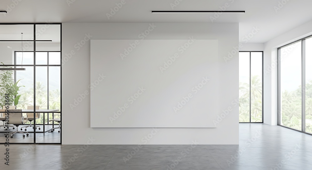 Obraz premium Minimalist office interior with blank canvas and panoramic window views