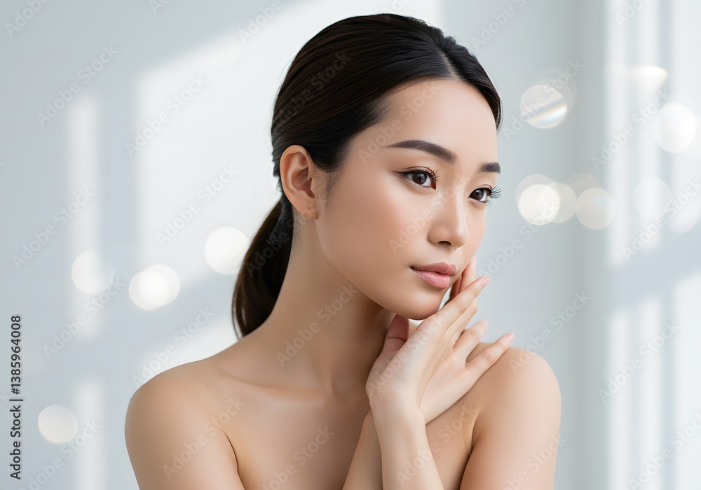 Beautiful Asian Woman with Perfect Skin Skincare, Beauty, Serene Portrait. Beautiful Asian Woman with Perfect Skin Skincare, Beauty, Serene Portrait.