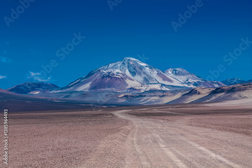 Atacama desert landscape in the Andes mountains of Chile in the Ojos del Salado area highest volcano on Earth. Dry arid desert soil and sand on the altiplano high altitude Andean palins South America