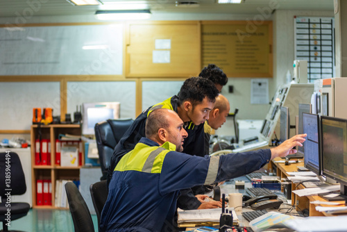 Marine engineering officers seated in the engine control room, focused on monitors in front of them, overseeing the operational parameters of the ship's machinery.