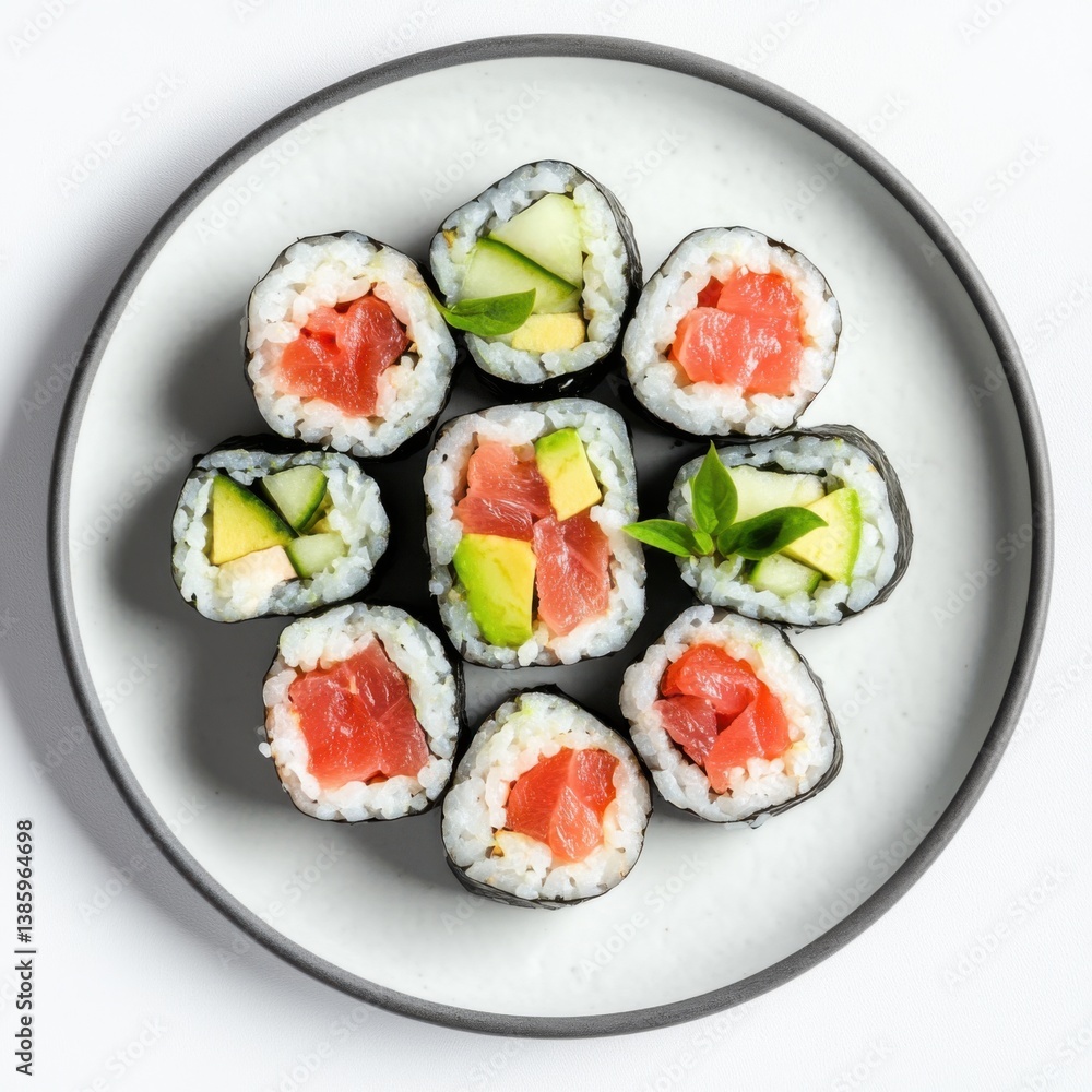 A vibrant plate of sushi rolls with avocado, tuna, and cucumber. Featuring a healthy and flavorful Japanese dish A vibrant plate of sushi rolls with avocado, tuna, and cucumber. Featuring a healthy and flavorful Japanese dish