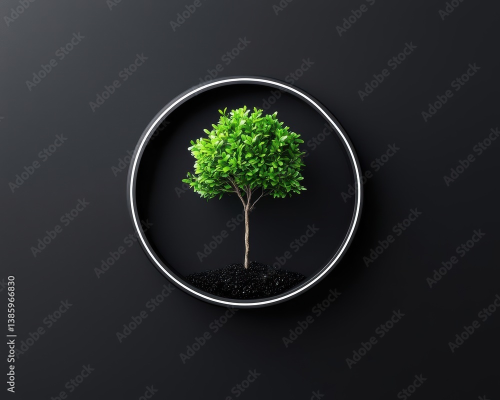Minimalist microecosystem, a tree growing inside a circular cycle, elegant ecoconcept Minimalist microecosystem, a tree growing inside a circular cycle, elegant ecoconcept