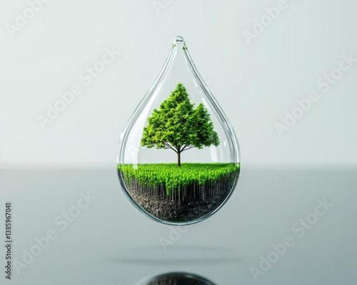 Digital water conservation concept, single droplet sustaining a tiny minimalist forest