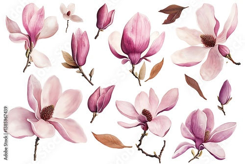 Watercolor Magnolia Illustration – Soft Pink Blossoms with Leaves & Buds on White Background