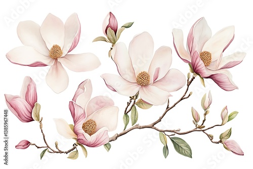 Watercolor Magnolia Illustration – Soft Pink Blossoms with Leaves & Buds on White Background