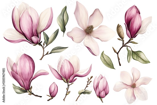 Watercolor Magnolia Illustration – Soft Pink Blossoms with Leaves & Buds on White Background