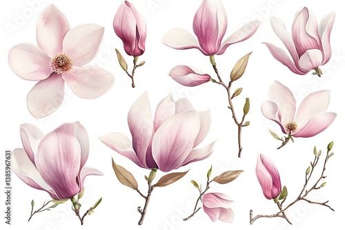 Watercolor Magnolia Illustration – Soft Pink Blossoms with Leaves & Buds on White Background