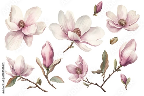 Watercolor Magnolia Illustration – Soft Pink Blossoms with Leaves & Buds on White Background