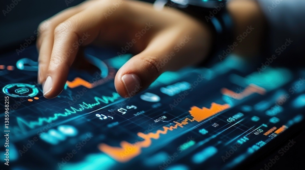 Close-up of finger interacting with financial data on a tablet. Close-up of finger interacting with financial data on a tablet.