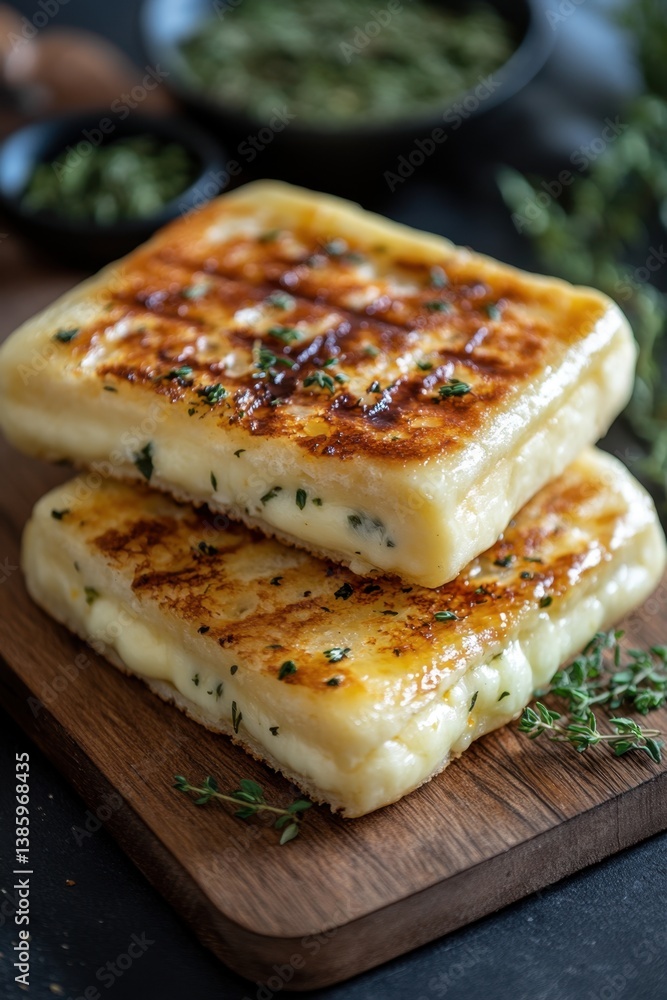 Golden grilled halloumi cheese squares stacked on wooden board with thyme garnish culinary delight Golden grilled halloumi cheese squares stacked on wooden board with thyme garnish culinary delight
