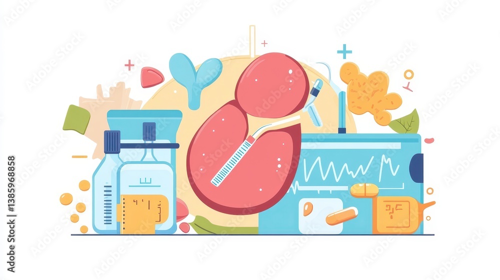 Colorful Medical Illustration of Kidney and Lab Equipment Colorful Medical Illustration of Kidney and Lab Equipment