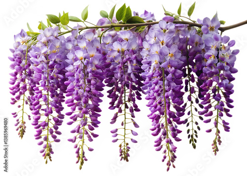 Hanging branch of purple wisteria flowers isolated on white background, ideal for wedding and floral themes.