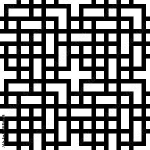 Seamless pattern with mosaic ornament. Repeated squares, rectangles, angle brackets, crosses background. Logic game motif. Grid wallpaper. Digital paper, web design, textile print. Vector illustration