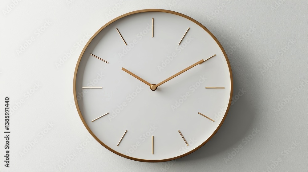 A stylish wall clock with a minimalist design and gold accents, on a white background A stylish wall clock with a minimalist design and gold accents, on a white background
