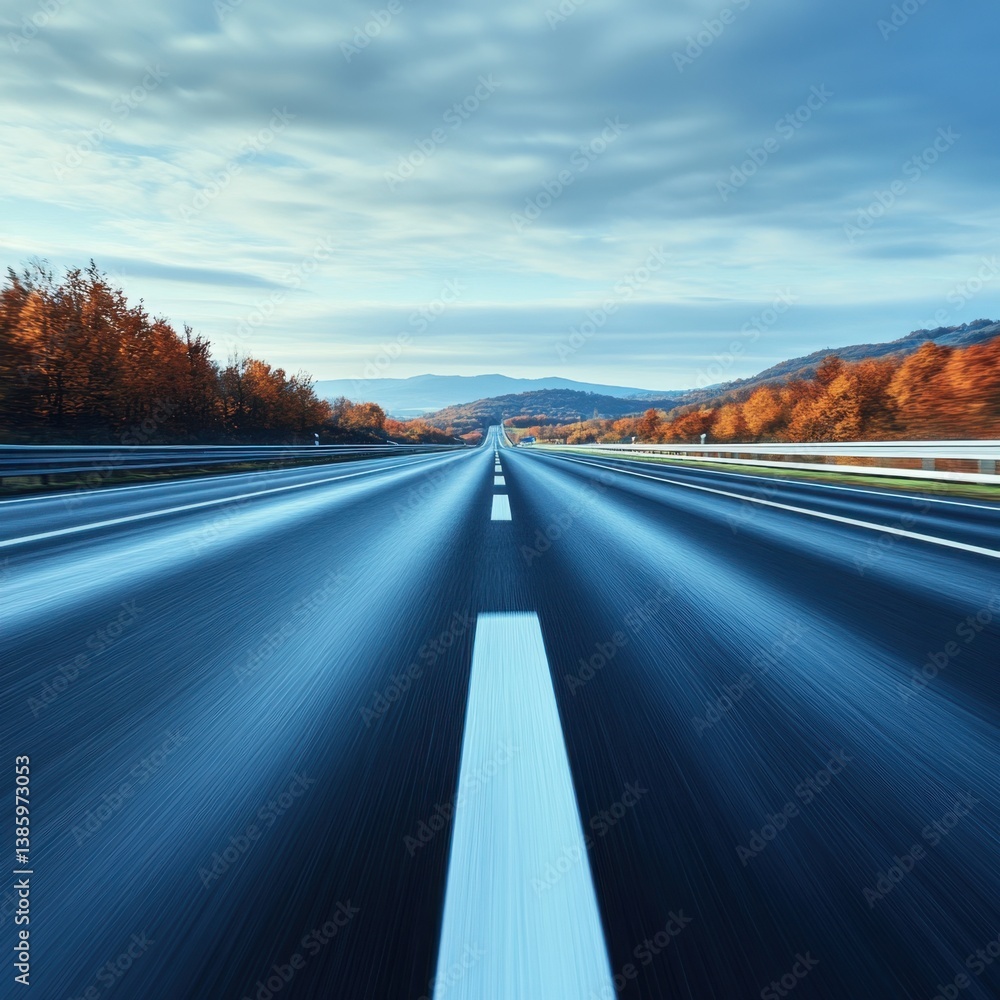 Autumnal road trip through scenic mountains with blurred motion effect and vibrant foliage under a cloudy sky
