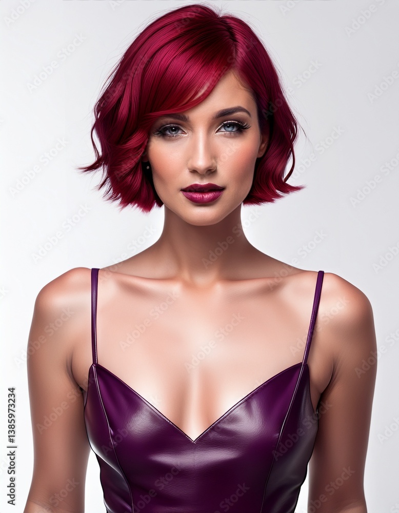 Fototapeta premium studio portrait of a red haired woman with short hair wearing a low cut purple leather top with nude shoulders on a white background, fashion photography