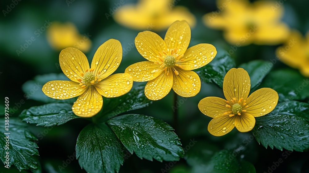 Yellow Flowers Dew Drops Nature Closeup.