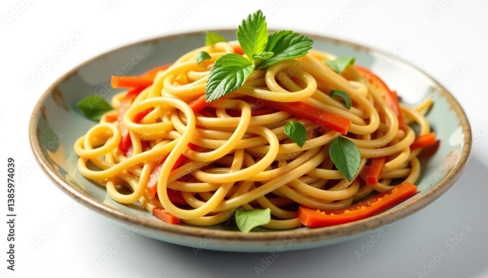 Stir-fried noodles with vegetables on white background, background, meal, lunch Stir-fried noodles with vegetables on white background, background, meal, lunch